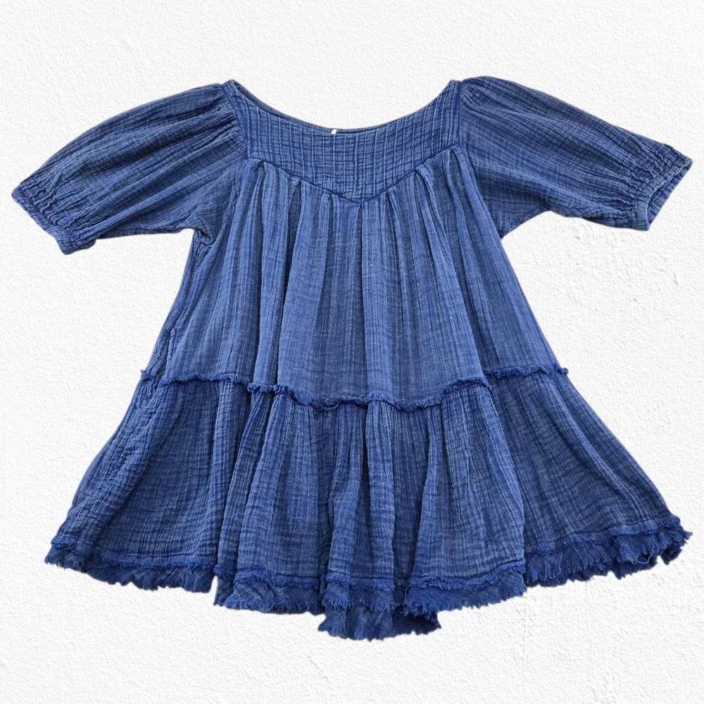Free People Blue Gauze Tiered Peasant Tunic Dress Oversized Boho Top Size XS